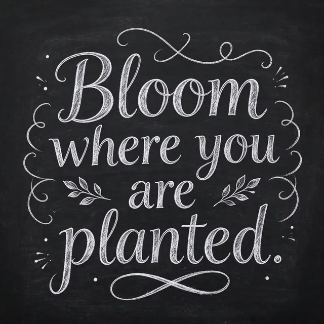 White chalk lettering reading "Bloom where you are planted." with decorative flourishes on a black chalkboard background