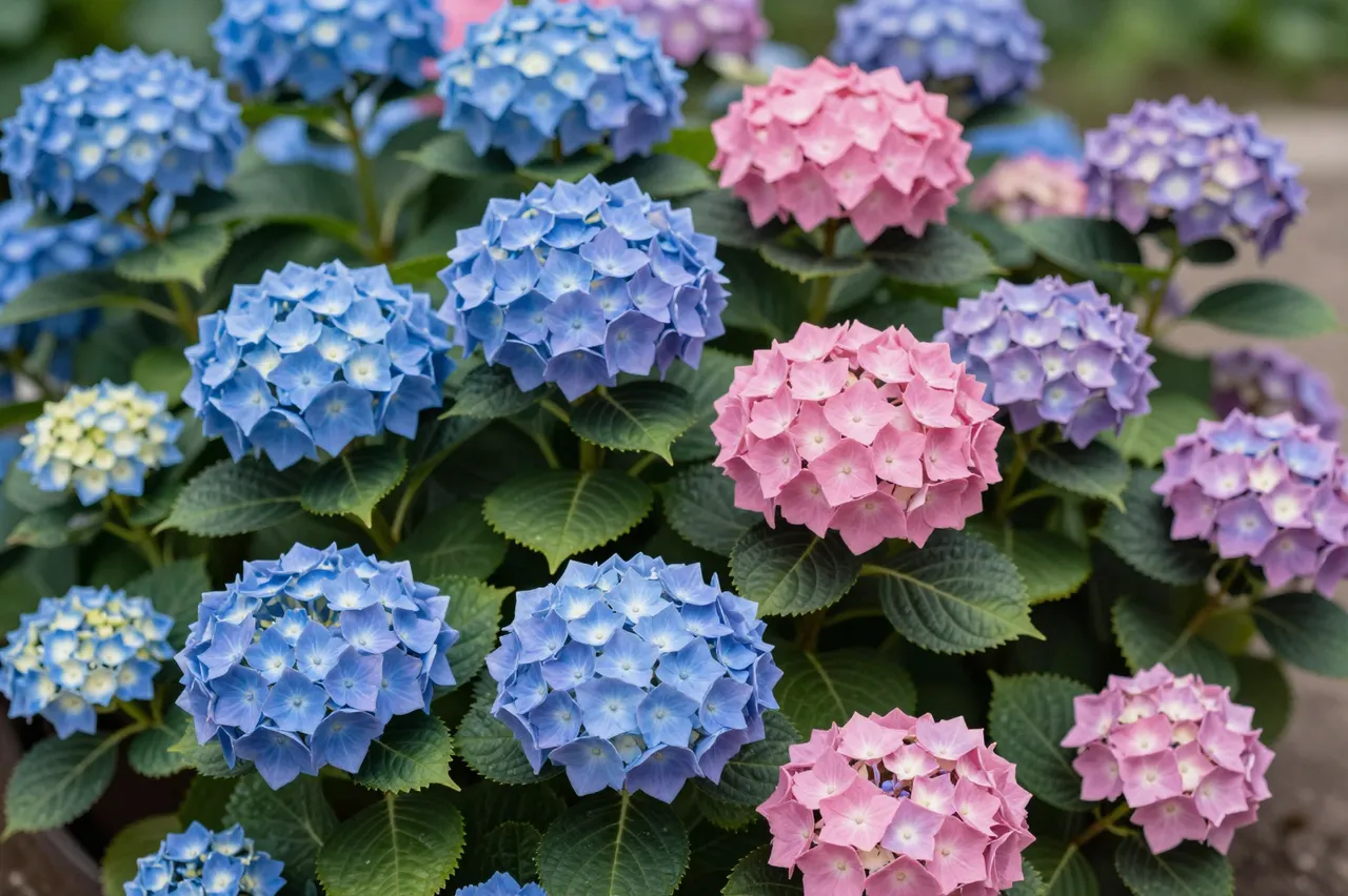 Dense hydrangea bushes covered in full blue, pink, and soft purple flower clusters with lush green serrated leaves