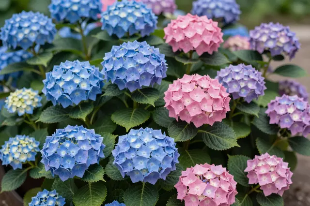 Dense hydrangea bushes covered in full blue, pink, and soft purple flower clusters with lush green serrated leaves