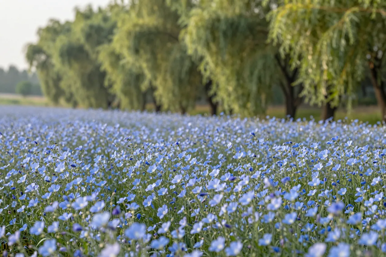 Dense blue flax flowers fill the foreground, with willow trees lining the hazy cool morning background.