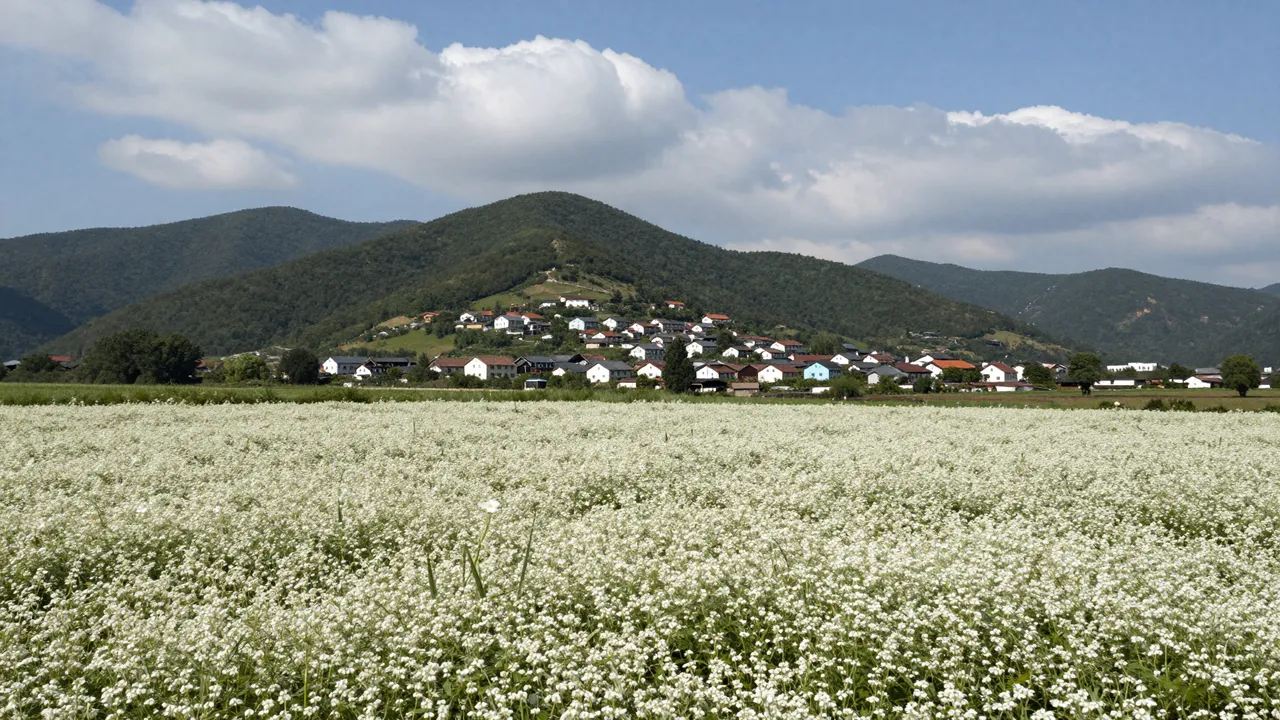 A field of white flowering buckwheat stretches before a mountain village under a cloudy blue sky