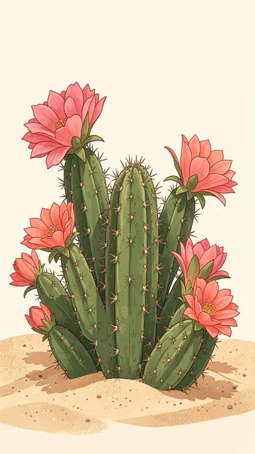 Boho style vertical illustration of a green cactus with pink coral flowers growing in light sand