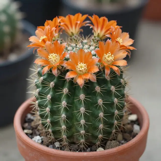 Close-up of a small round green cactus topped with bright orange flowers in a terracotta clay pot.
