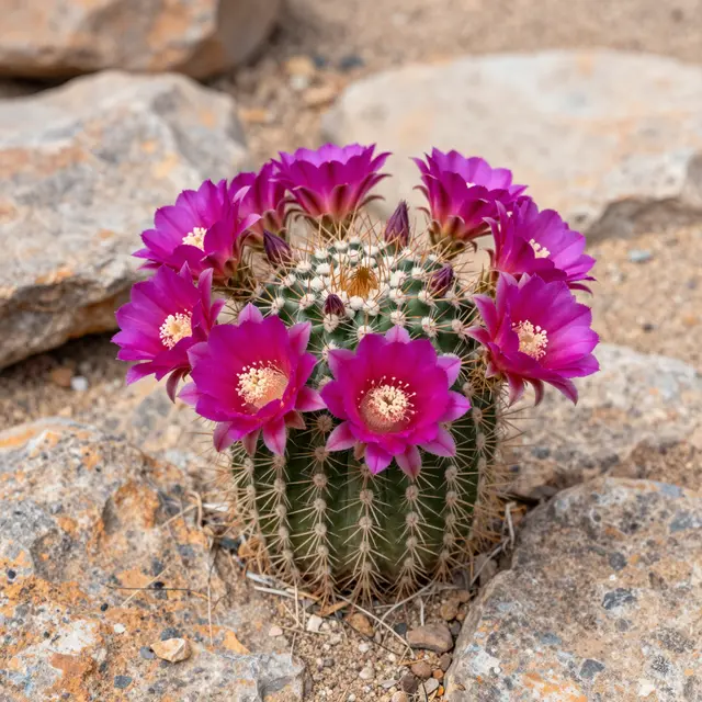 A small round cactus topped with bright magenta flowers grows among sunlit desert rocks and sand.