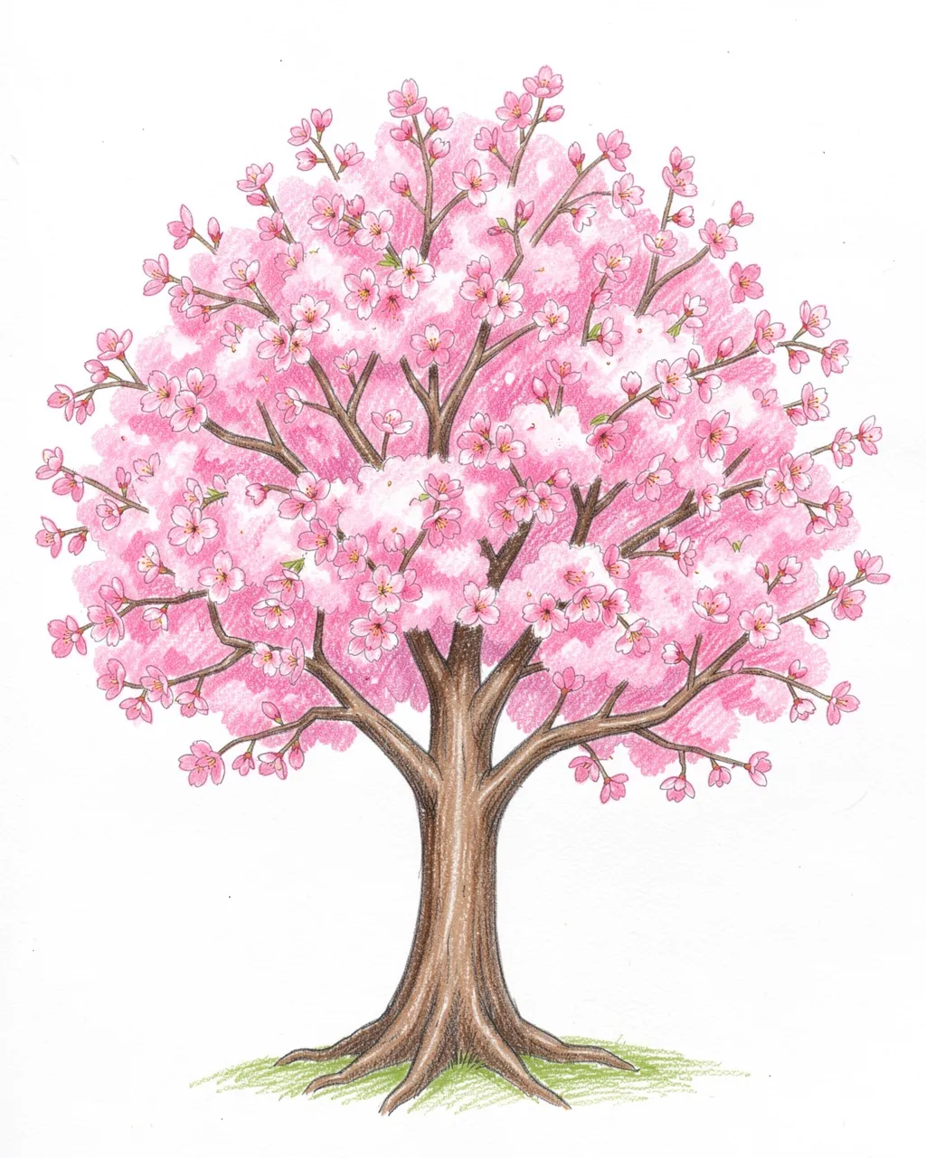 Colored pencil drawing of a full bloom cherry blossom tree on white paper