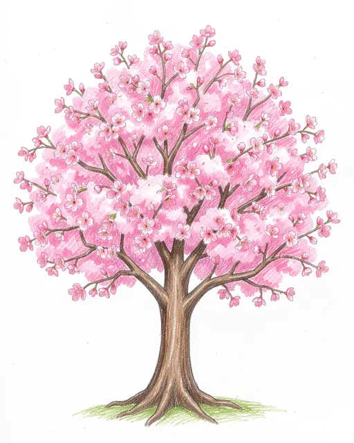 Colored pencil drawing of a full bloom cherry blossom tree on white paper