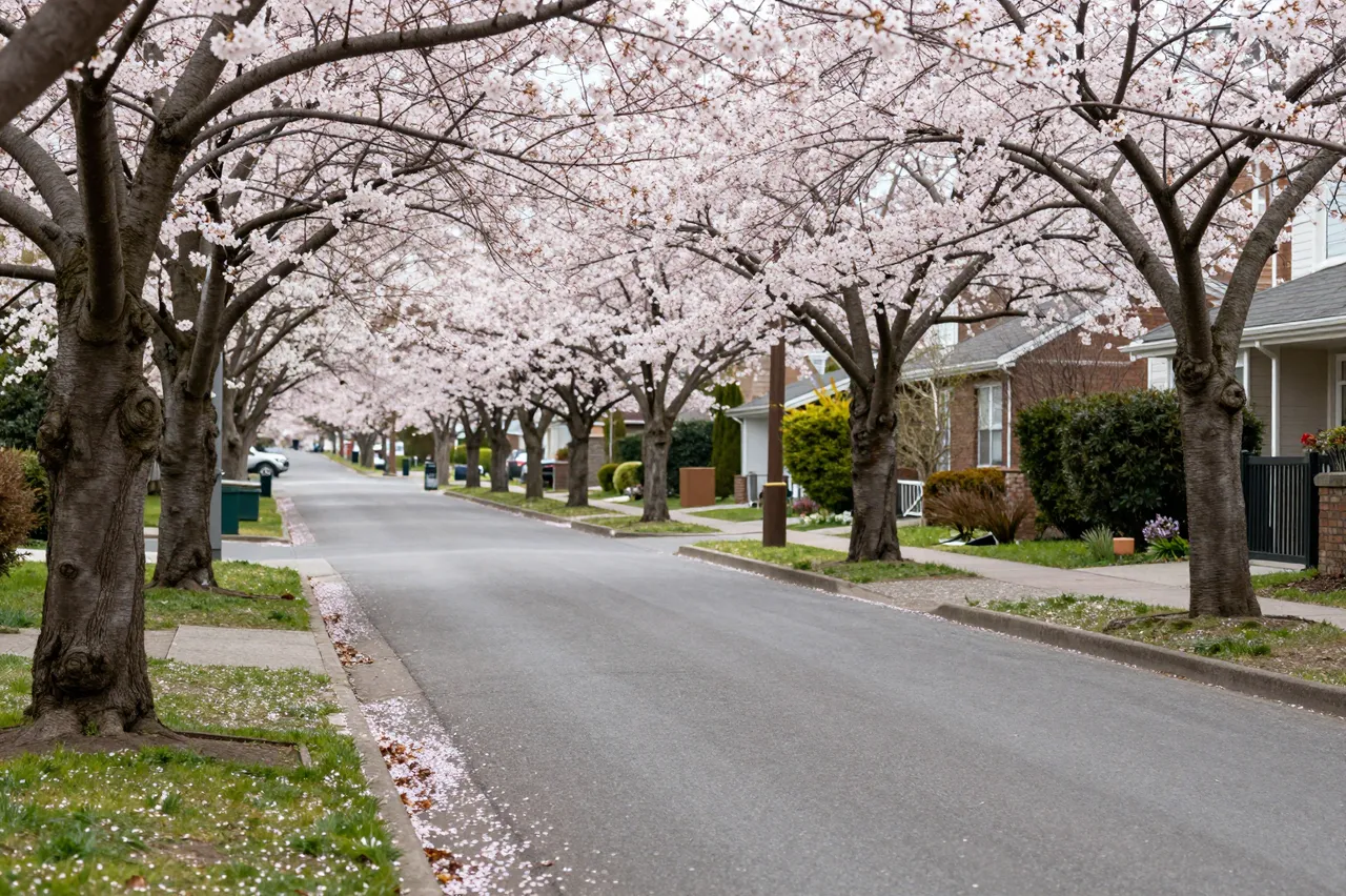 A quiet empty residential street lined with blooming cherry blossom trees and fallen petals along the curb