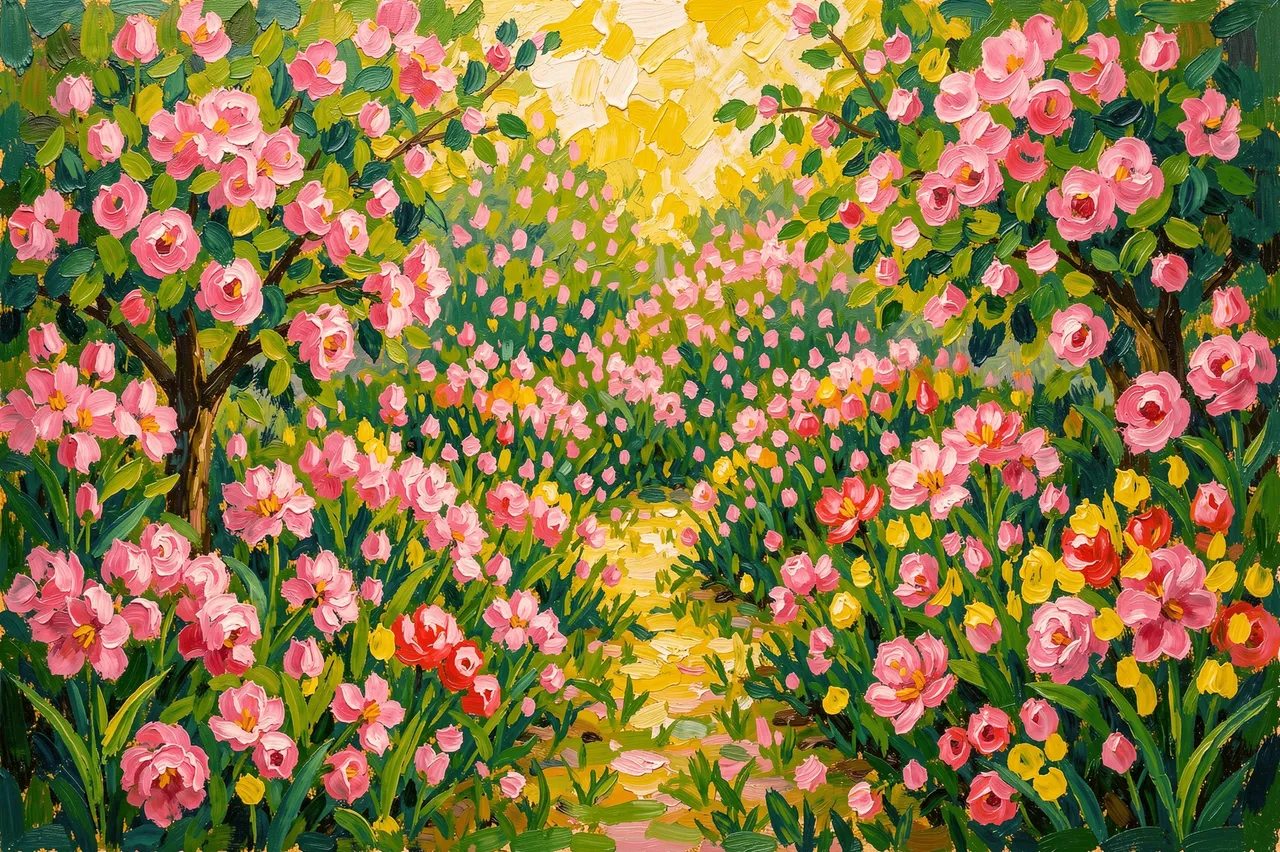 Textured impasto oil painting of a sunlit blooming garden with pink, green and yellow flowers