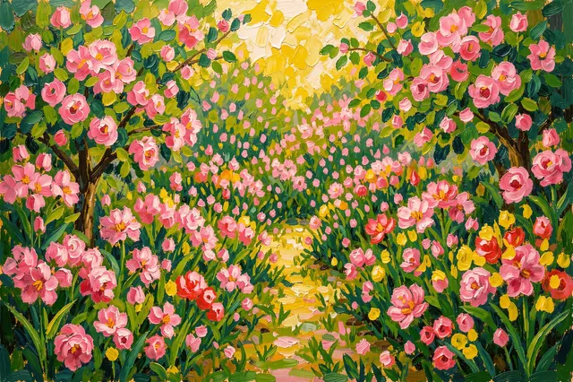 Textured impasto oil painting of a sunlit blooming garden with pink, green and yellow flowers