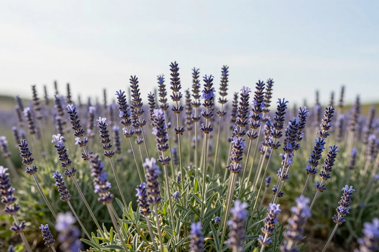 Low angle close-up of dense lavender flower stalks in bloom beneath a soft pale summer sky