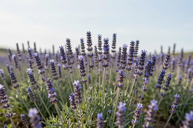 Low angle close-up of dense lavender flower stalks in bloom beneath a soft pale summer sky