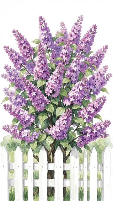 Watercolor illustration of a full bloom lilac bush growing behind a white picket fence