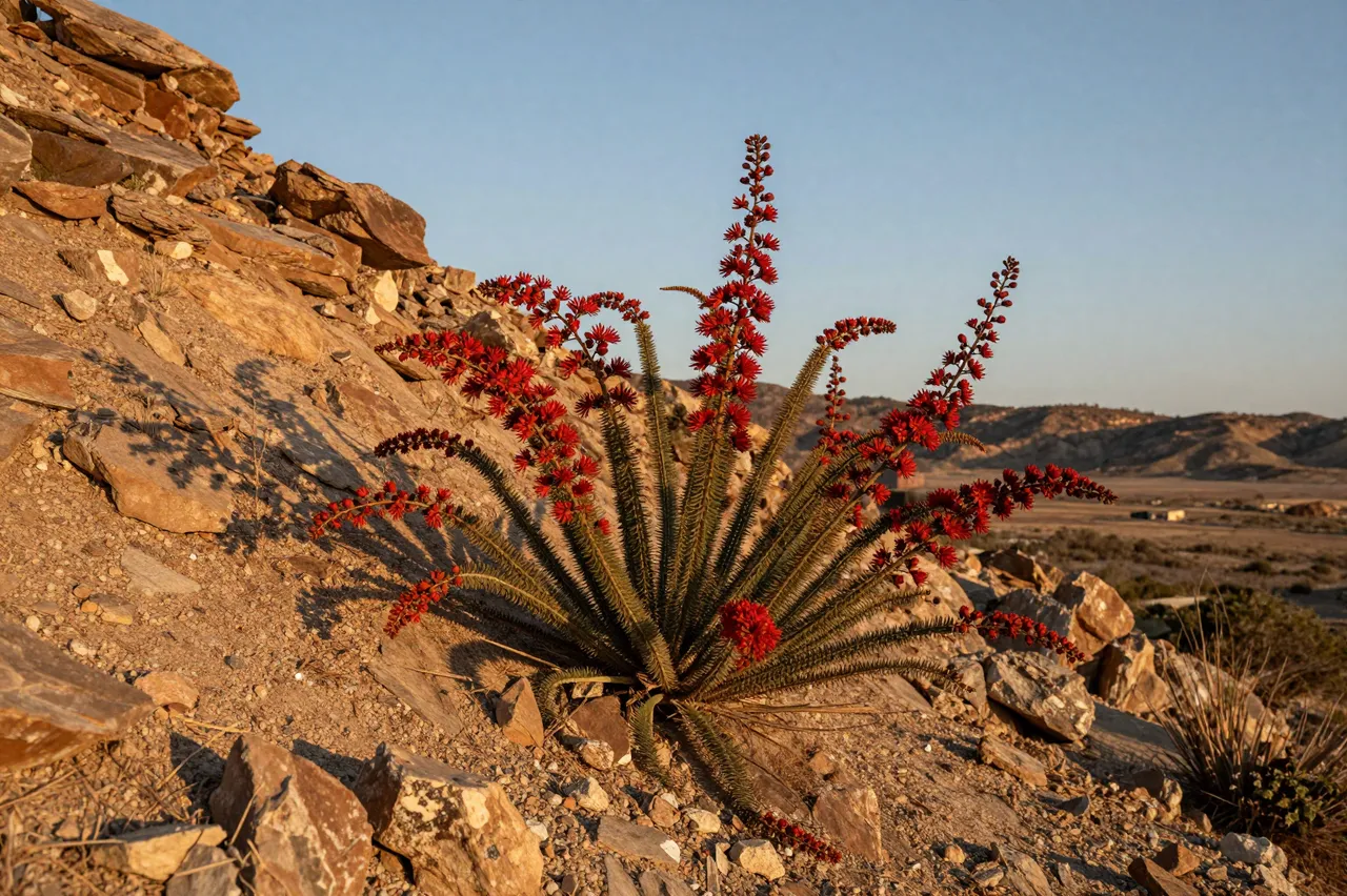 A red flowering ocotillo grows on a rocky desert slope lit by warm sunset light