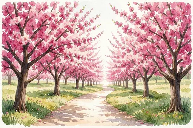 A watercolor painting of a winding dirt path lined with pink flowering orchard trees in spring