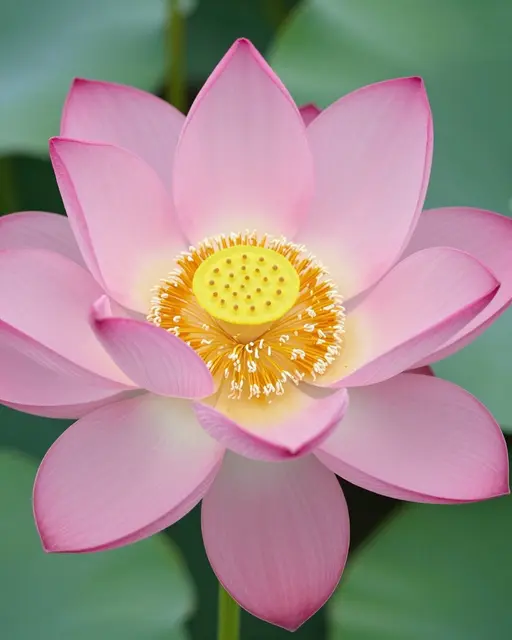 Close-up of a fully open pink lotus with a bright yellow seed head against soft green foliage