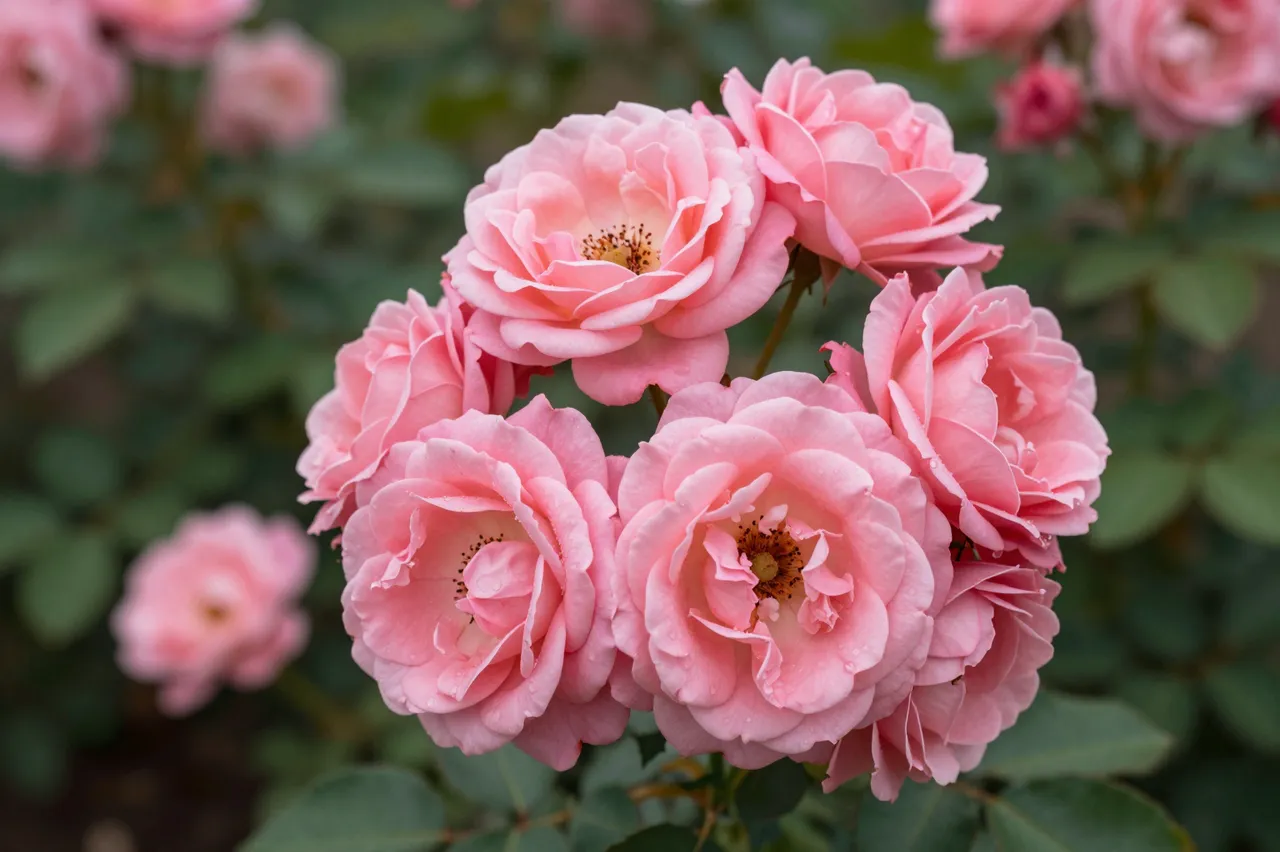 A close-up of a dense cluster of soft pink blooming roses with dewy petals against blurred green garden foliage