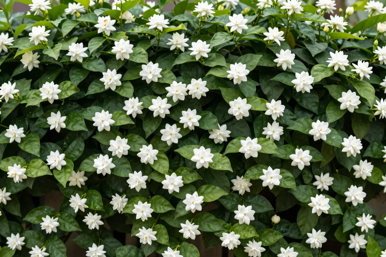 Dense star jasmine vine covered in clustered white blooms and glossy green leaves