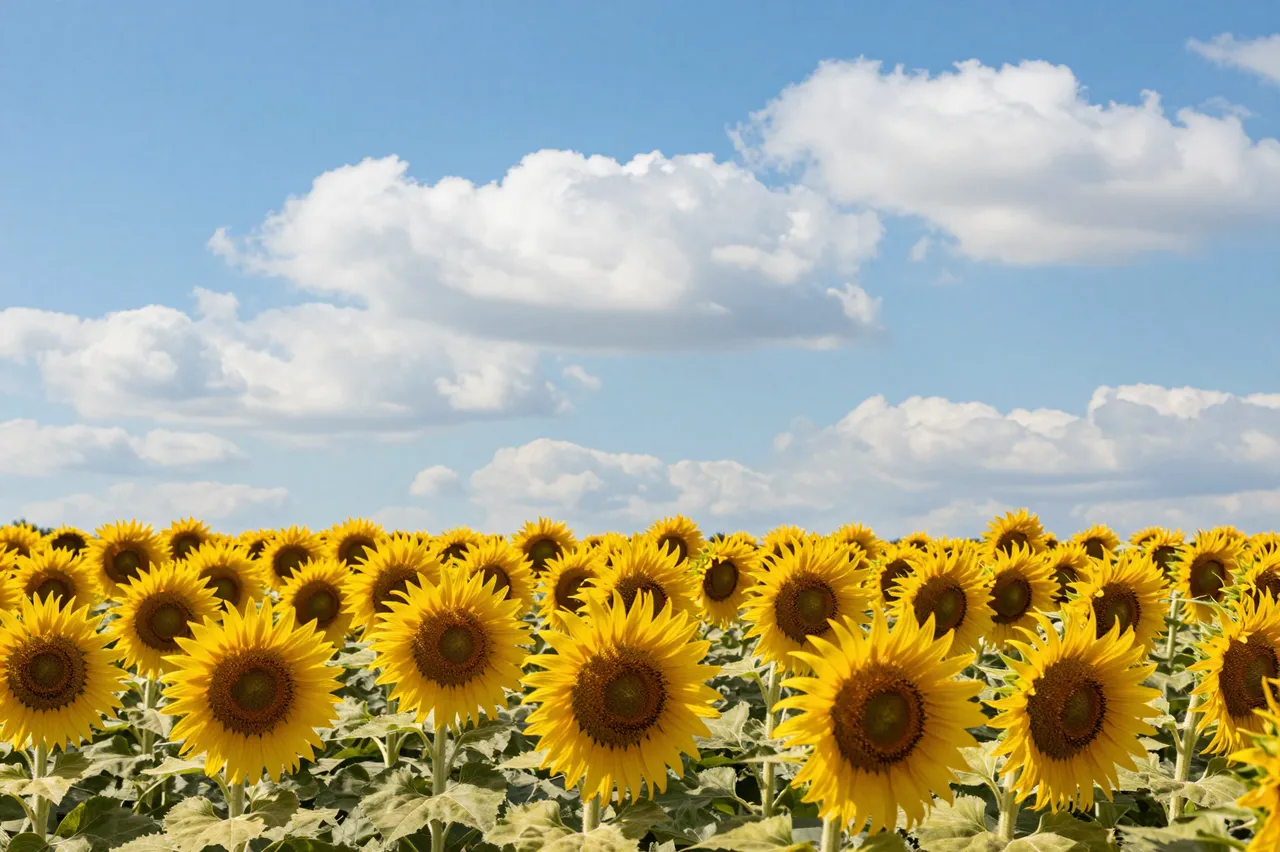A field of fully bloomed sunflowers stretches beneath a bright blue sky with fluffy white cumulus clouds.