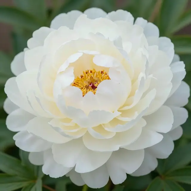 Close-up of a fully bloomed white peony with soft layered petals and yellow stamens.