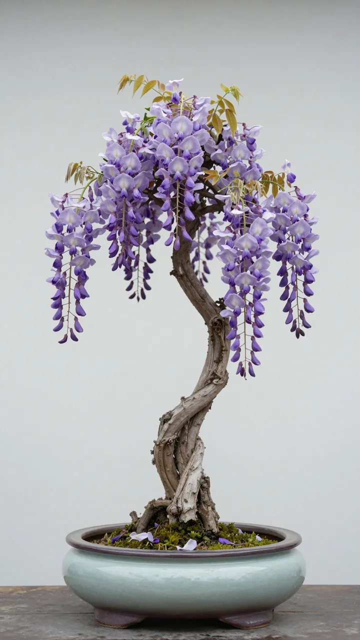 A twisted trunk wisteria bonsai with drooping pale violet blooms sits in a round glazed ceramic pot on a wooden surface.