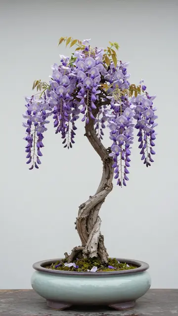 A twisted trunk wisteria bonsai with drooping pale violet blooms sits in a round glazed ceramic pot on a wooden surface.