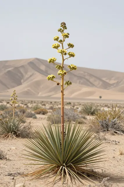 A flowering yucca plant stands in sandy desert terrain with rolling sand dunes in the hazy background