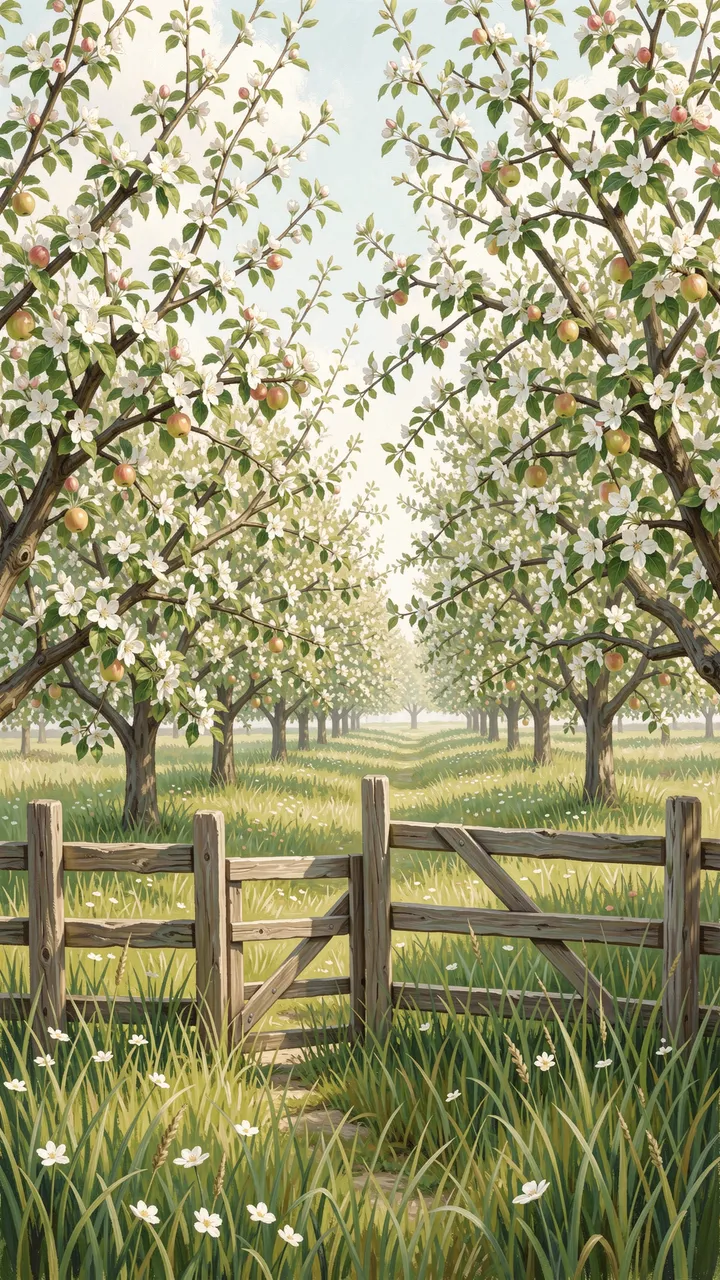 A wooden fence gate opens onto a sunlit rowed apple orchard in full white spring blossom
