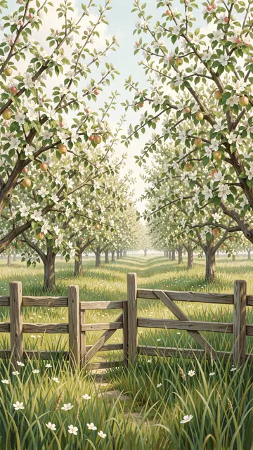 A wooden fence gate opens onto a sunlit rowed apple orchard in full white spring blossom