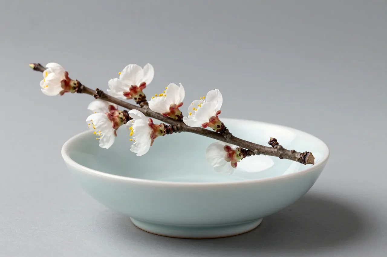 A blossoming white flowering branch rests across a pale blue ceramic bowl against a smooth gray background