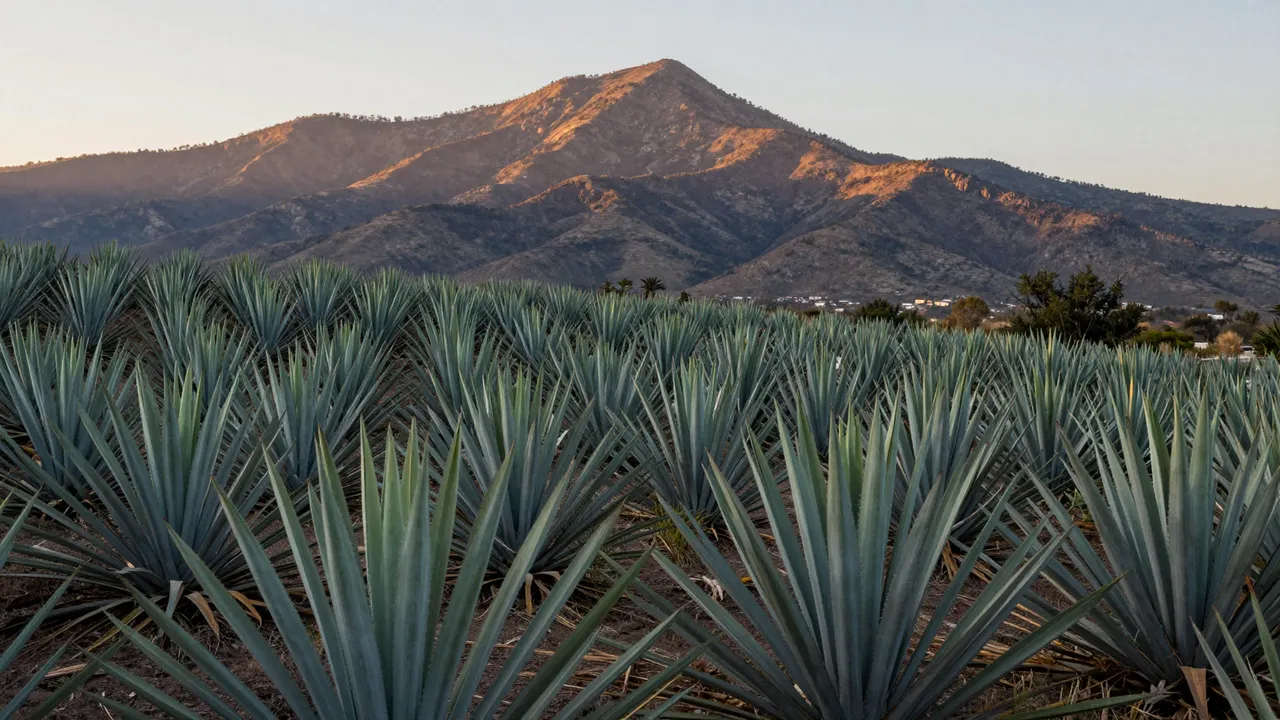 Rows of blue agave plants stretch toward sunlit mountains at golden sunset