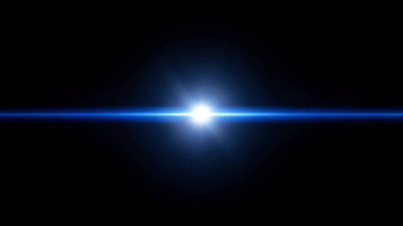 Horizontal blue anamorphic lens flare with bright white center sits on a pure black background