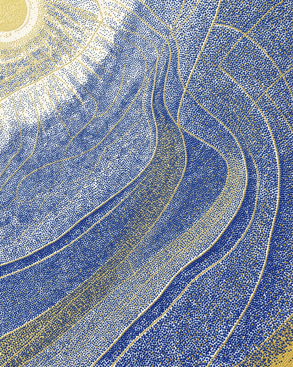 Stippled tiny blue and gold dots form smooth sweeping curved current patterns on a light background