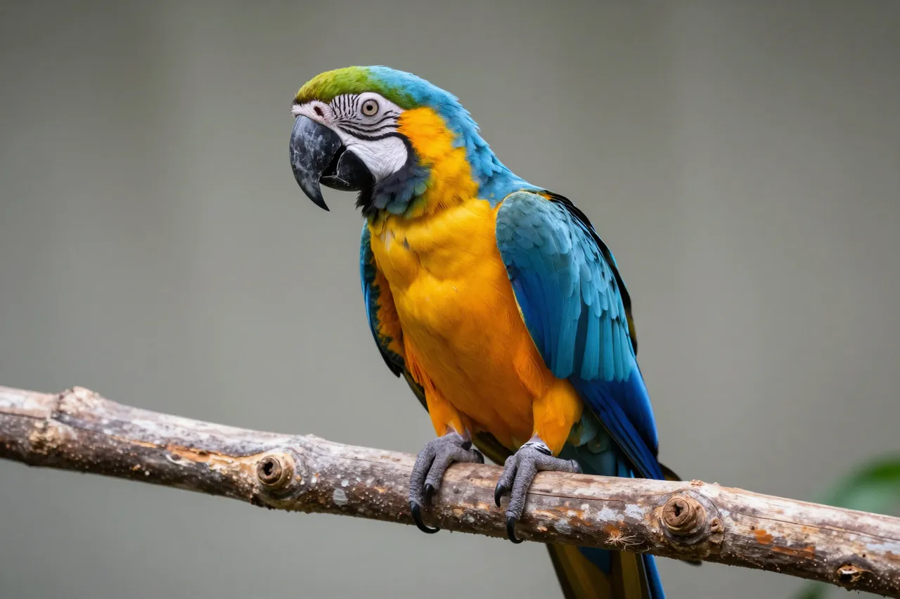 A vibrant blue and gold macaw sits perched on a thick wooden branch against a soft blurred background.