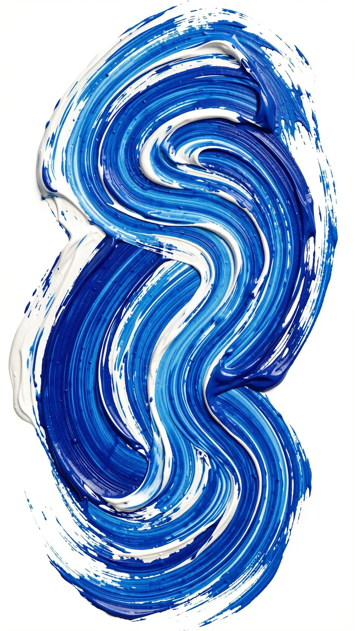 A thick vertical abstract swirl of blended blue and white paint sits against a plain white background