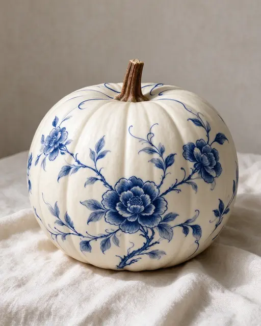 A white pumpkin decorated with blue porcelain-style florals rests on soft linen cloth.