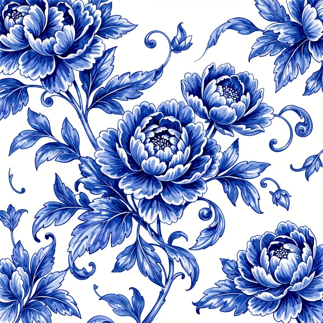 Hand-painted indigo peonies and curling leaves arranged in a classic blue and white porcelain floral pattern on a white