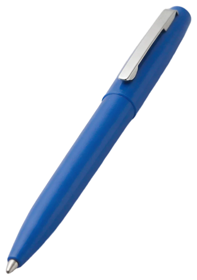 Plain unmarked blue ballpoint pen with silver clip lying diagonally