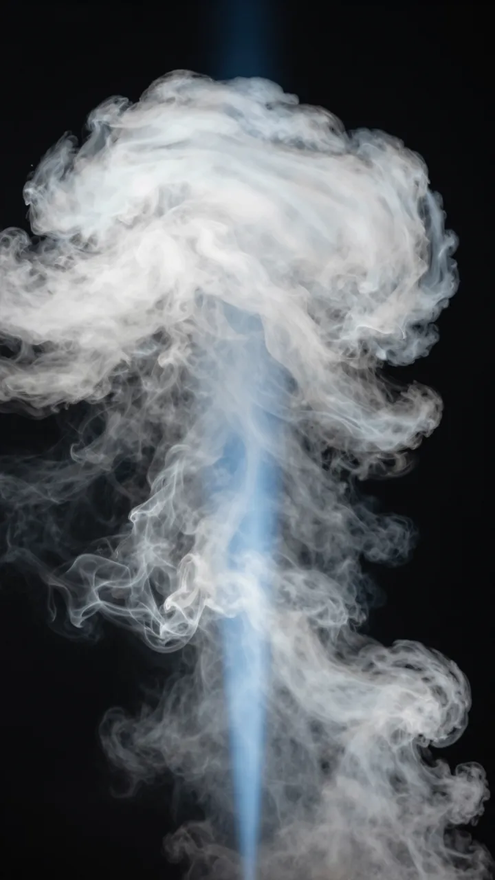 Vertical swirling white smoke pierced by a narrow blue light beam against solid black background