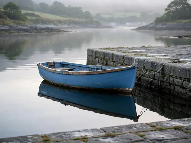 A small weathered blue wooden boat rests moored to a stone quay on calm foggy morning harbor water.