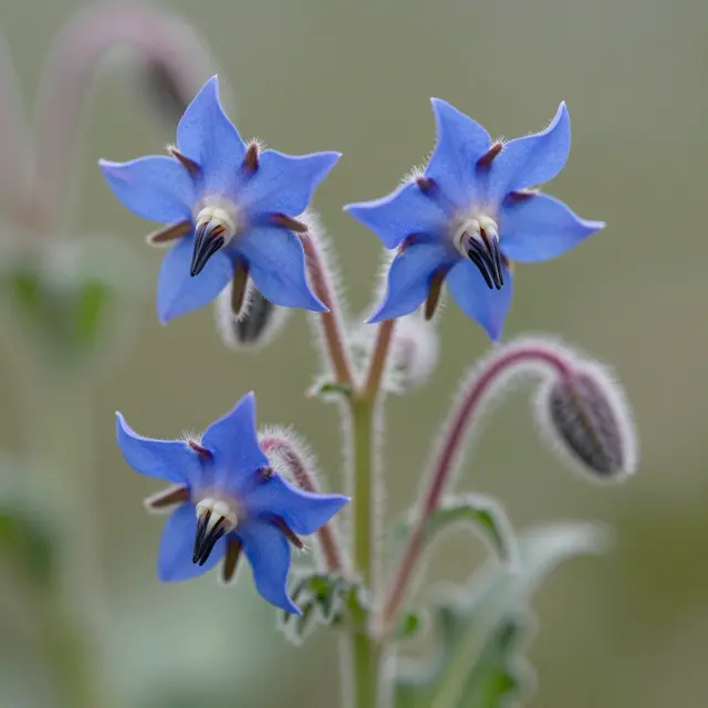 Close-up macro shot of three star-shaped blue borage flowers with fuzzy stems against a soft blurred background