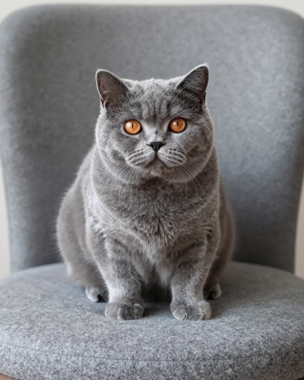 Chubby blue British Shorthair cat with copper eyes sits upright on a gray upholstered chair looking at the camera