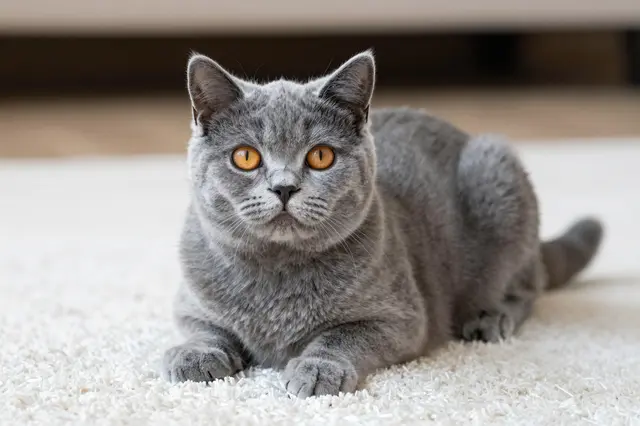 Gray British Shorthair cat with orange eyes rests on a soft white carpet looking at the camera