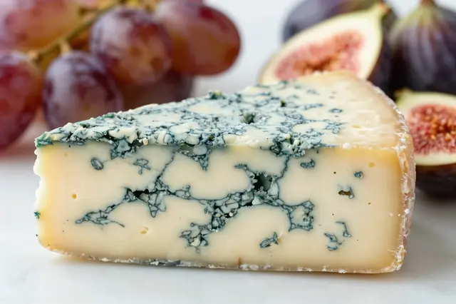 A close-up of a blue cheese wedge arranged with red grapes and fresh figs on a light surface
