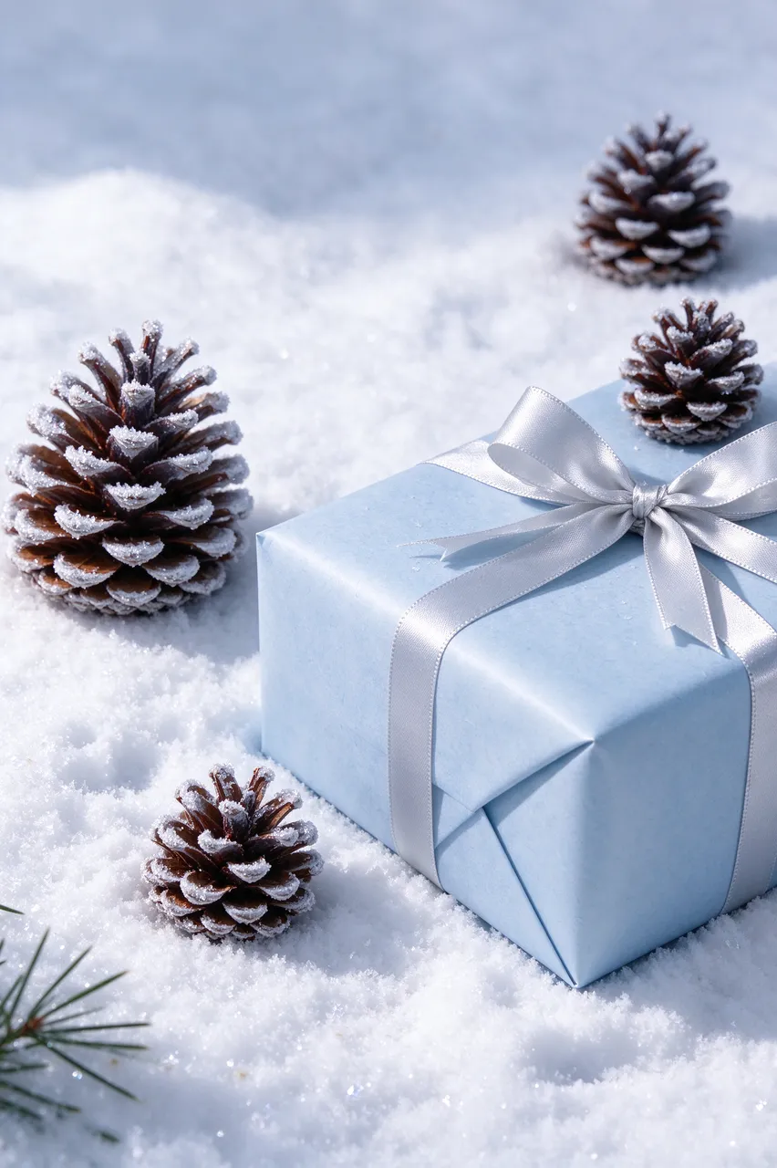 A pale blue wrapped gift with silver ribbon sits in fresh snow surrounded by frosted pinecones.