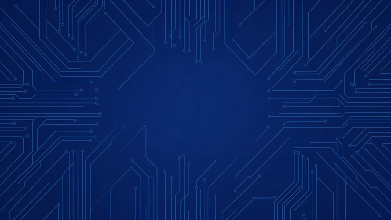 Symmetrical faint circuit line frame surrounds blank deep blue copy space