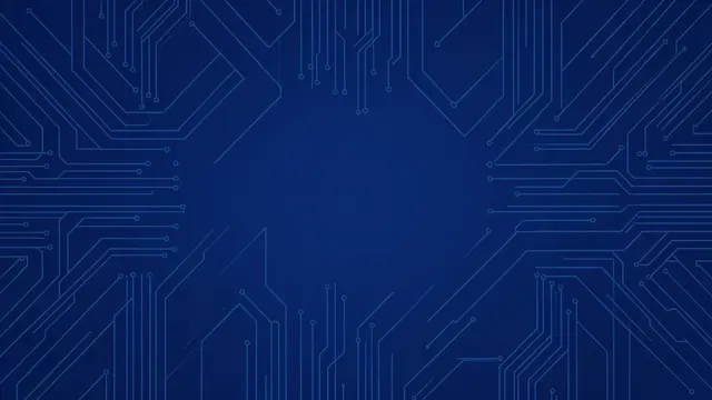 Symmetrical faint circuit line frame surrounds blank deep blue copy space