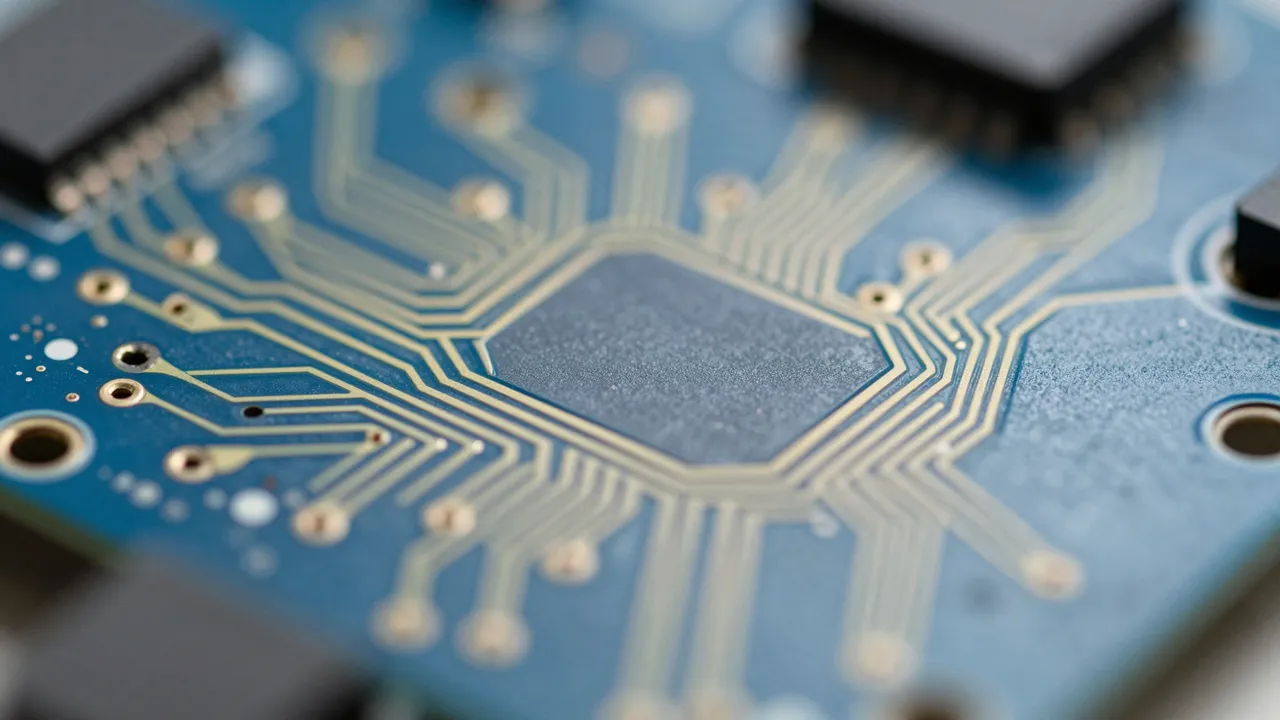 Close-up macro shot of a blue circuit board with gold traces and a shallow depth of field