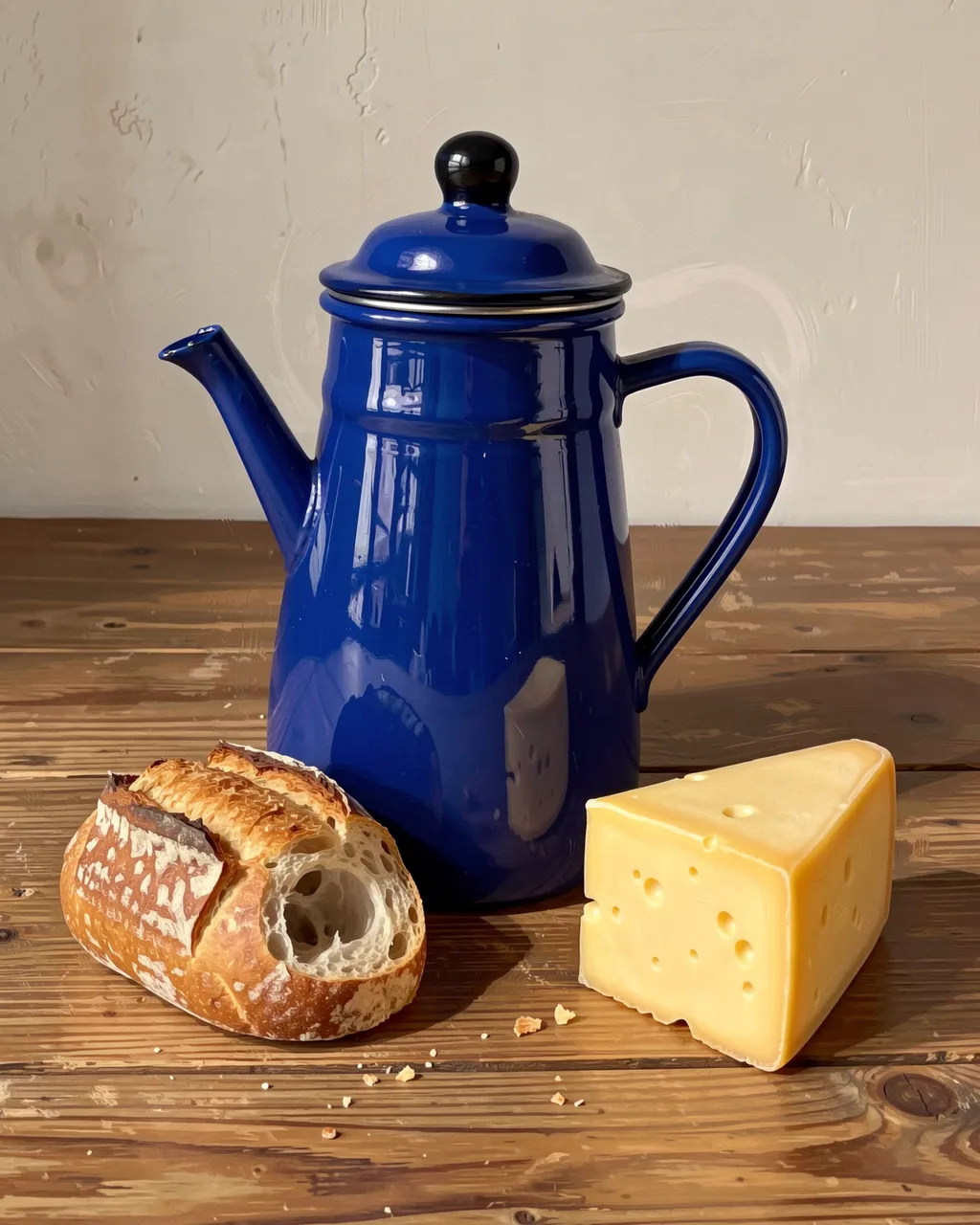 Blue enamel coffee pot, crusty sourdough bread and holey cheese arranged on a worn wooden table against a plain wall