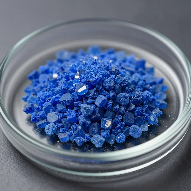 Macro close-up of bright blue copper sulfate crystals resting in a clear glass petri dish