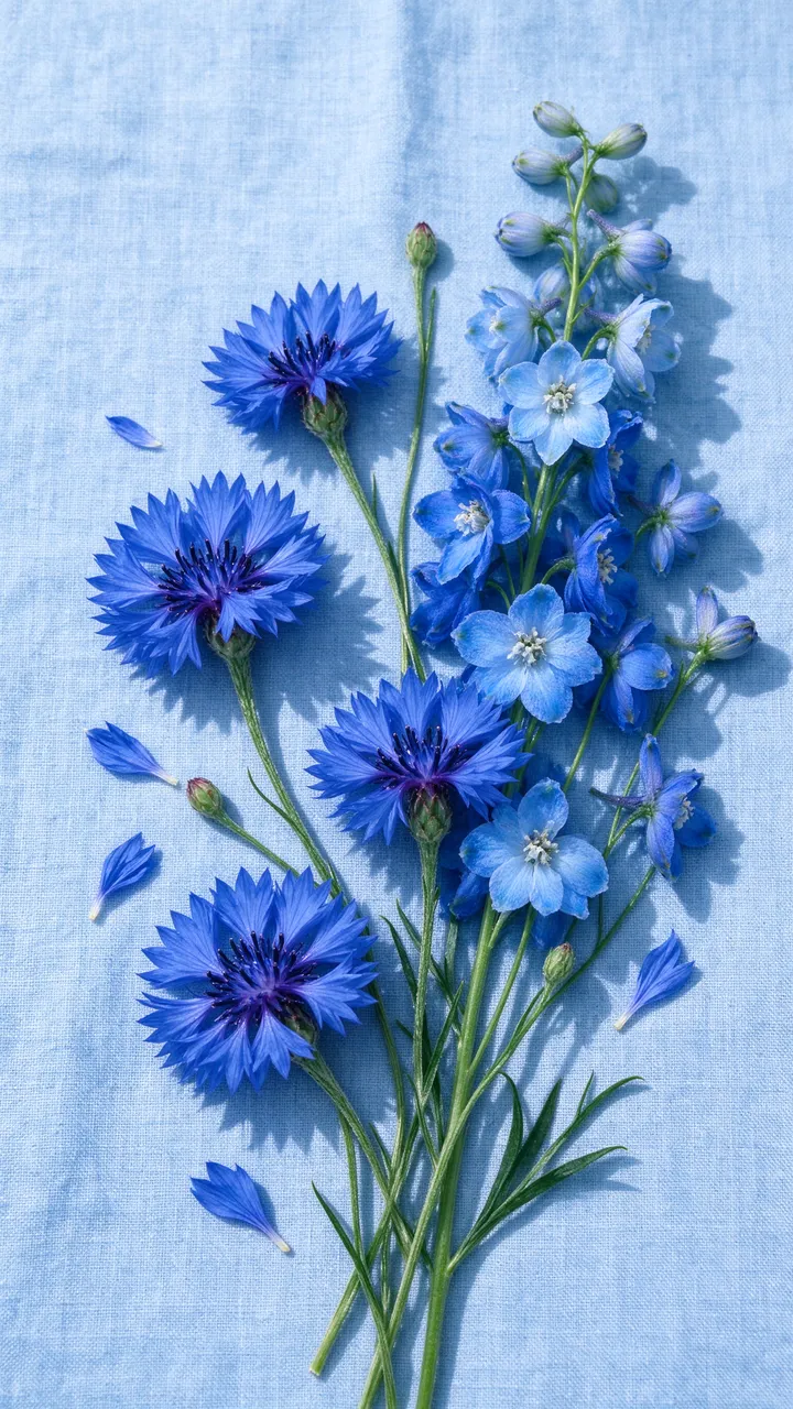 Overhead view of blue cornflowers and delphinium arranged on pale blue linen fabric